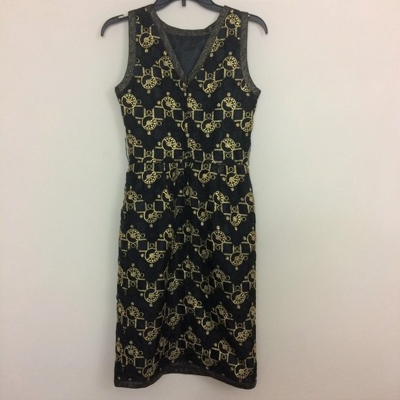 Vintage Victor Costa Womens Black Gold Metallic Filigree Cocktail Party Dress 6 - Picture 5 of 10